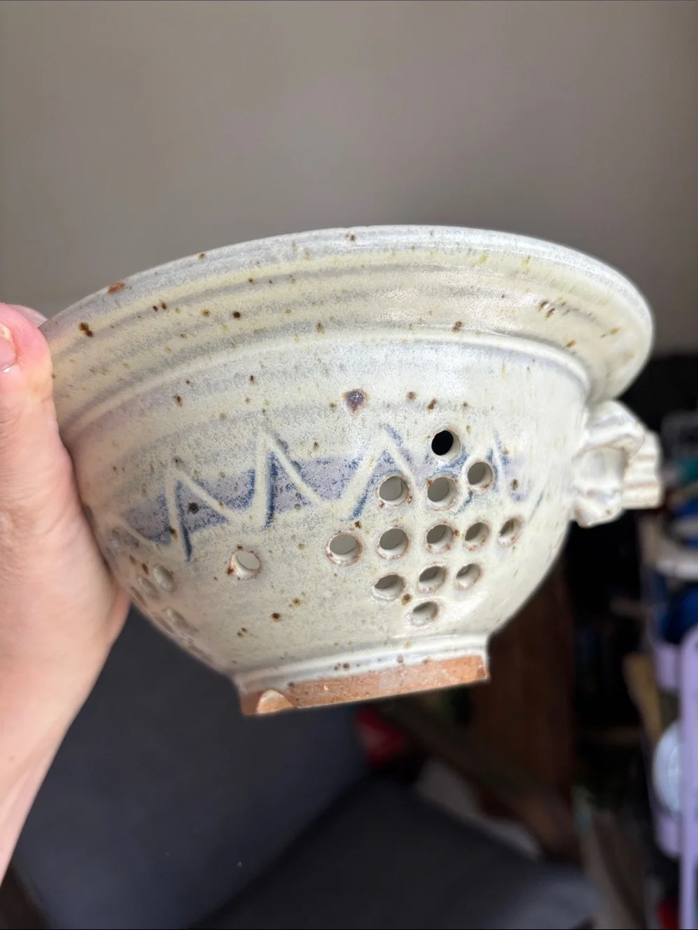 Handmade Ceramic Berry Bowl - Light Cream with Blue Accents